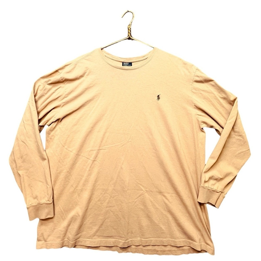 VTG Polo‎ Ralph Lauren Light Brown Longsleeve Crewneck Shirt Green Logo Sz XL